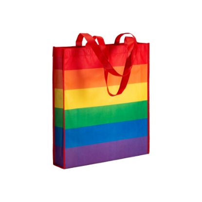 Shopper arcobaleno in r-pet  80g/m2, manici lunghi e soffietto